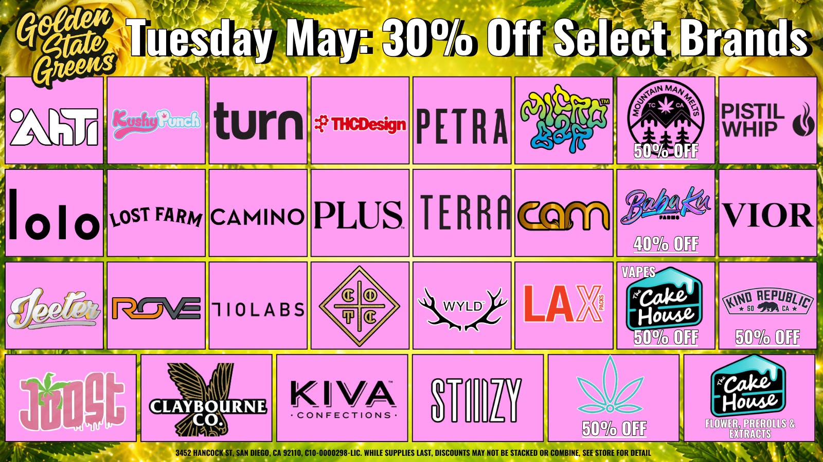Golden State Greens Point Loma - Ocean Beach TUESDAY - 30% OFF SELECT BRANDS!