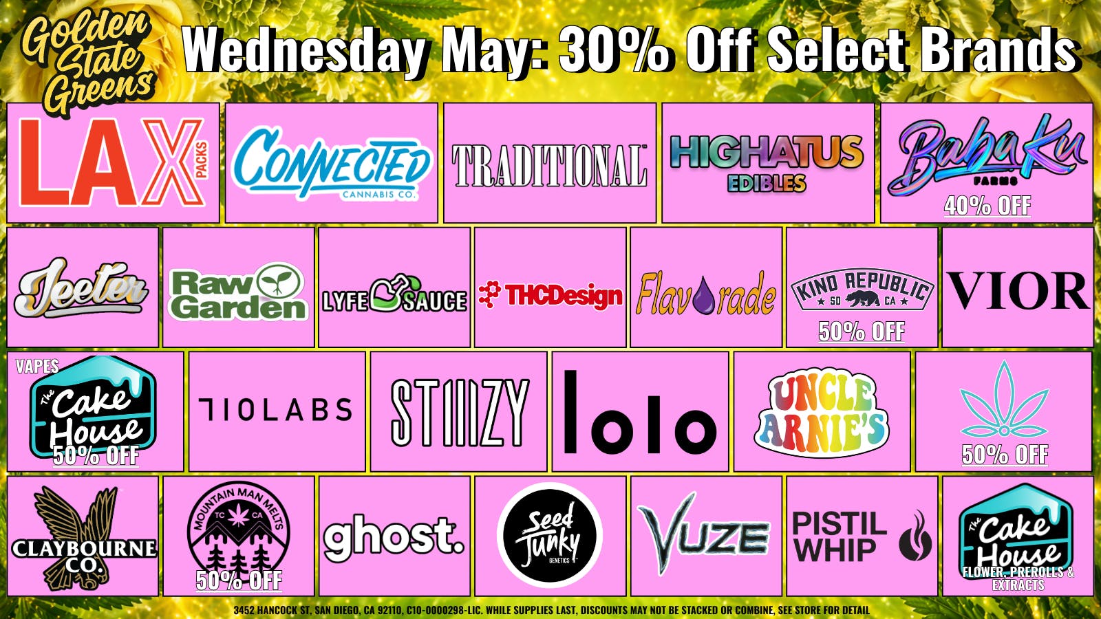 Golden State Greens Point Loma - Ocean Beach WEDNESDAY - 30% OFF SELECT BRANDS!