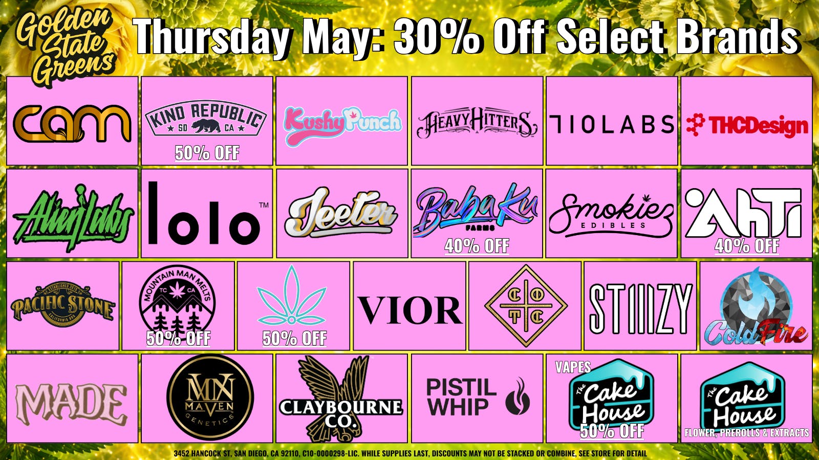 Golden State Greens Point Loma - Ocean Beach THURSDAY - 30% OFF SELECT BRANDS!