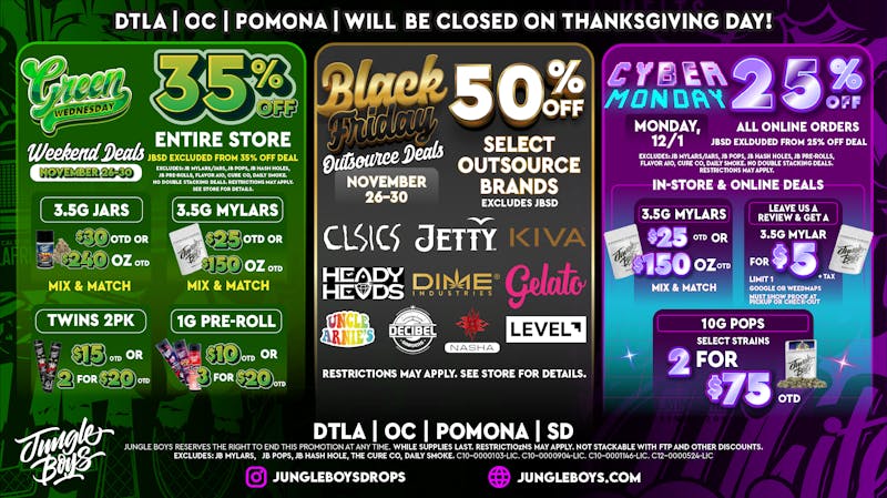 Jungle Boys DTLA Green Wednesday, Black Friday & Cyber Monday Deals