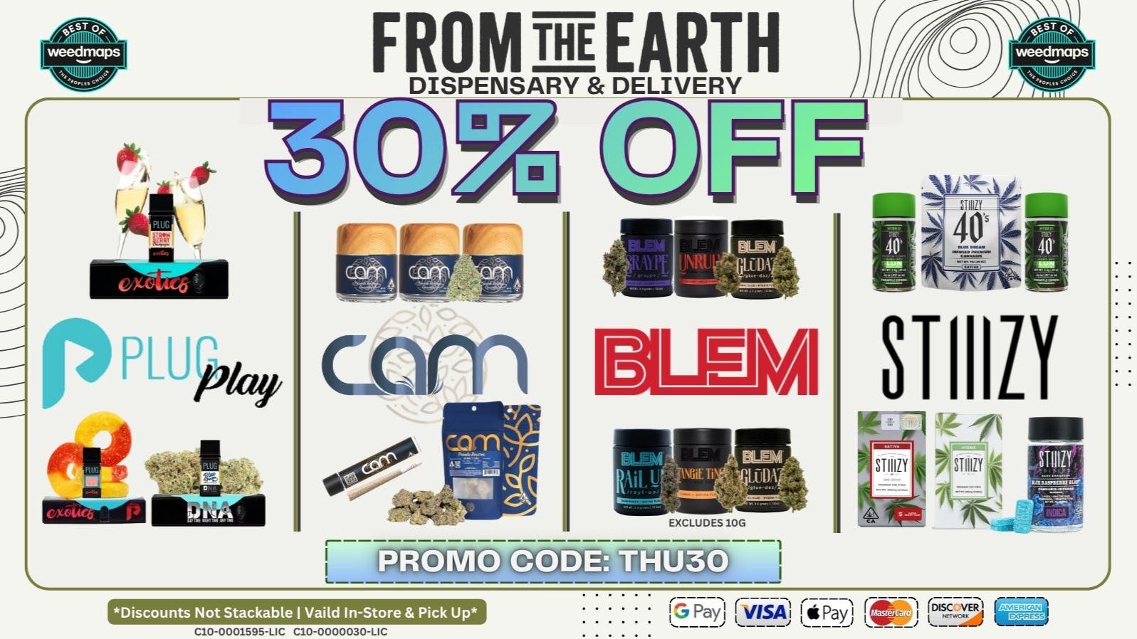 From the Earth – Huntington Beach – Delivery and Dispensary 30% OFF FOUR SELECT BRANDS (THURSDAYS)