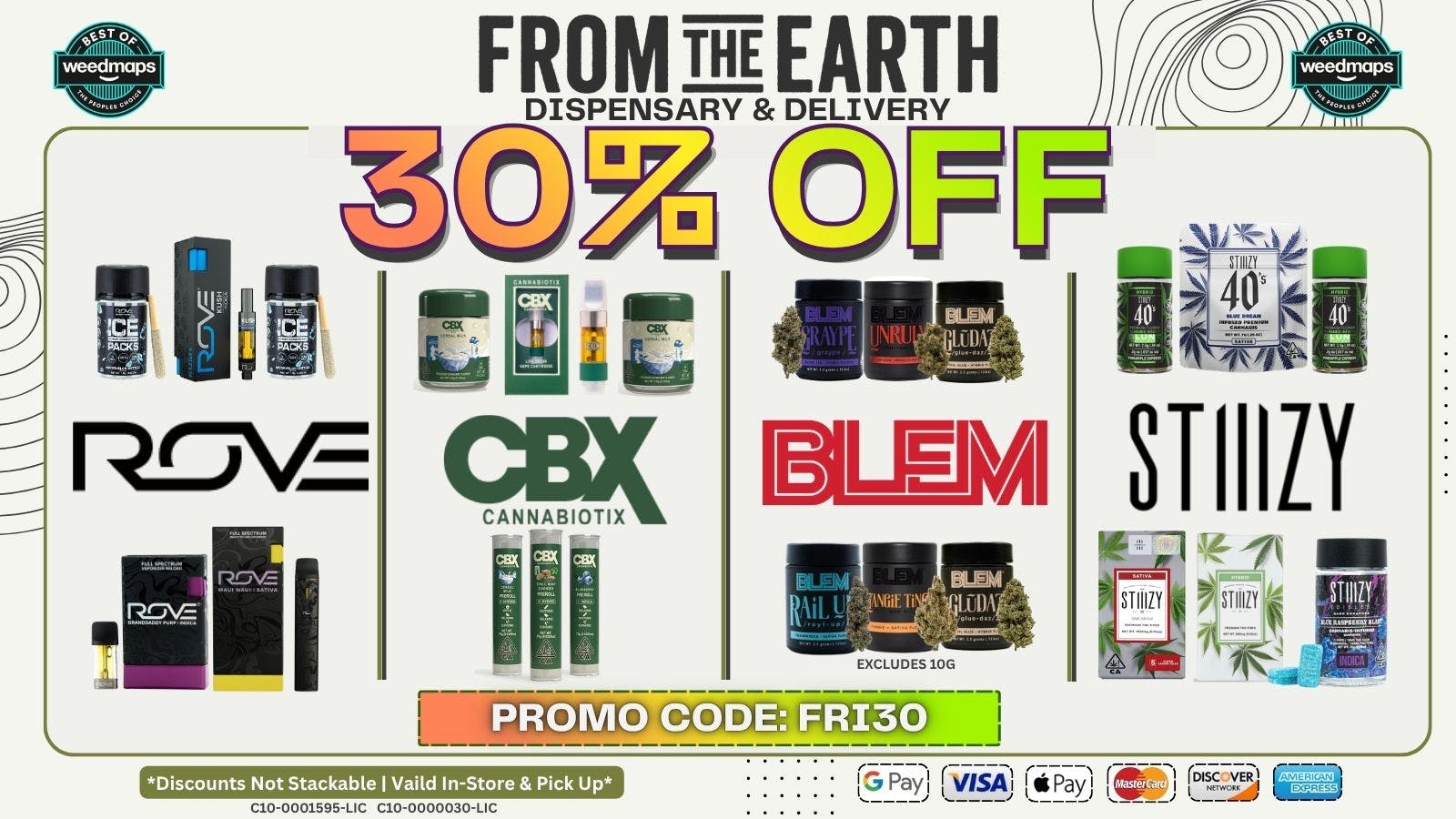 From the Earth – Aliso Viejo / Laguna Niguel – Delivery and Dispensary 30% OFF FOUR SELECT BRANDS (FRIDAYS)