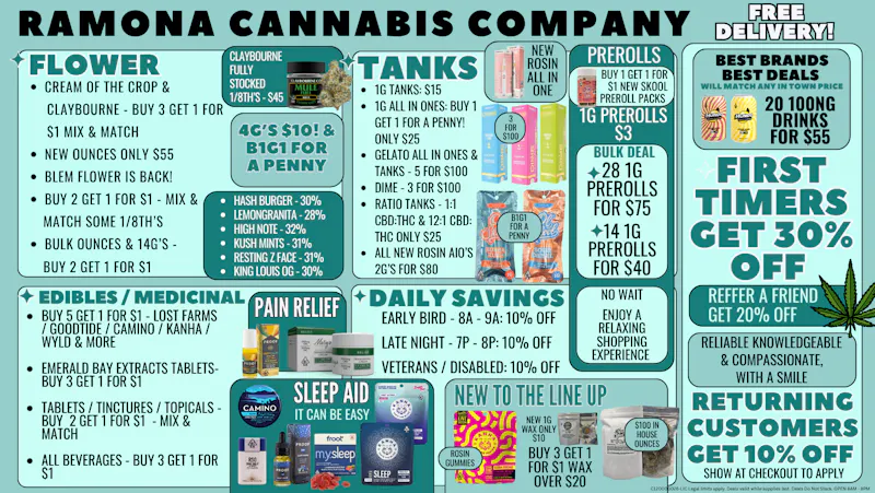 Ramona Cannabis Company NEW SAVINGS!! B1G1 for a penny!