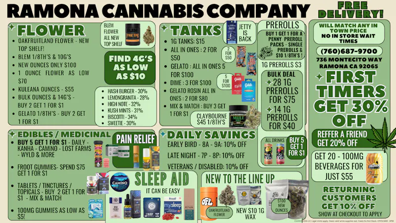 Ramona Cannabis Company EXTRA SAVINGS - CLAIM IN STORE