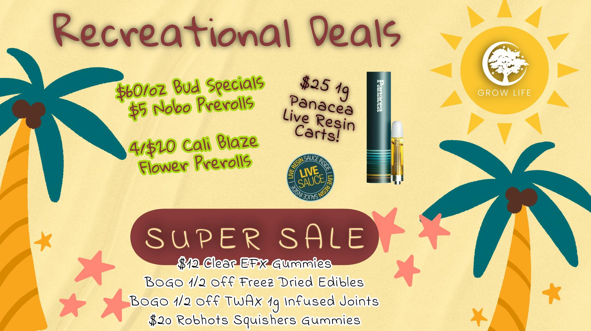 Grow Life $60 Rec Ounces, $25 Live Resin Carts + MORE!