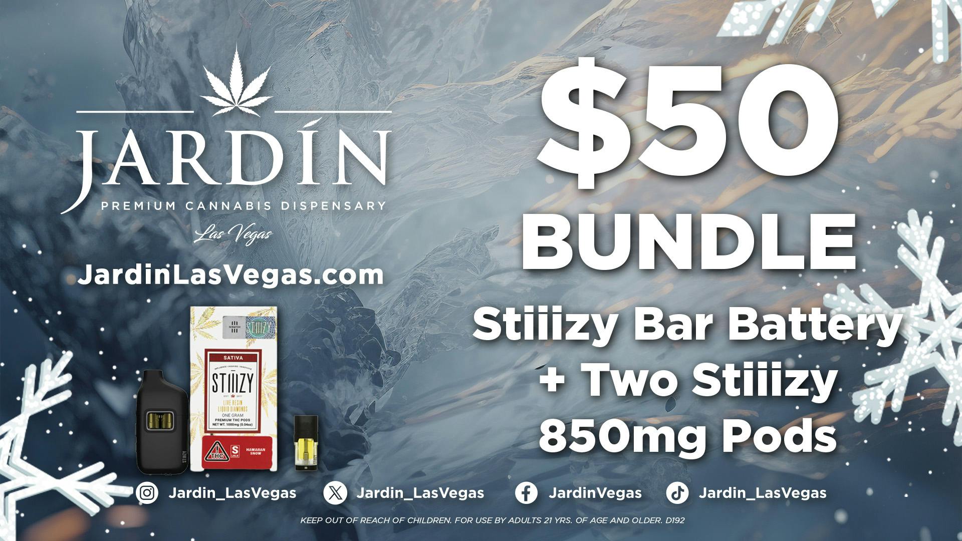 Jardín Premium Cannabis Dispensary $50 Bundle: Stiiizy Bar Battery + Two 850mg Pods