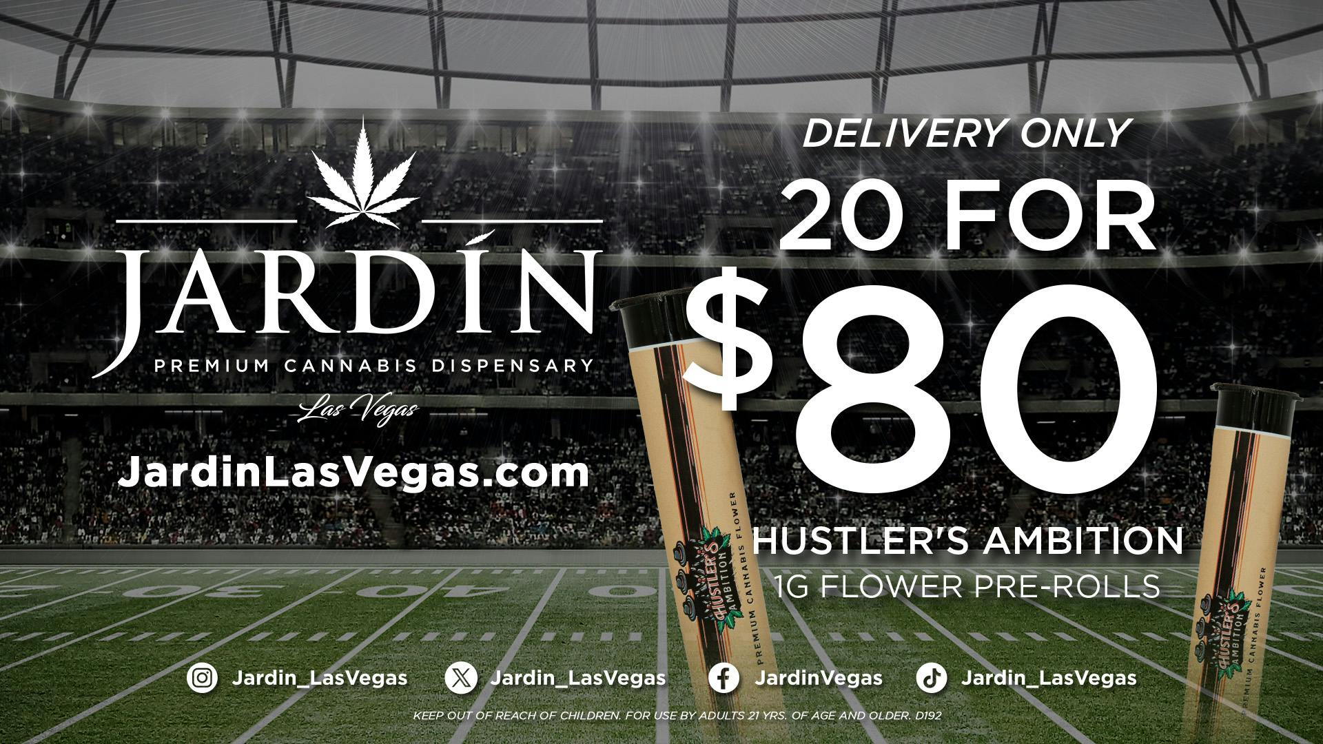 Jardín Premium Cannabis Delivery (No Delivery to Hotels & Casinos) - East LV 20 for $80 Hustler's Ambition 1g Prerolls