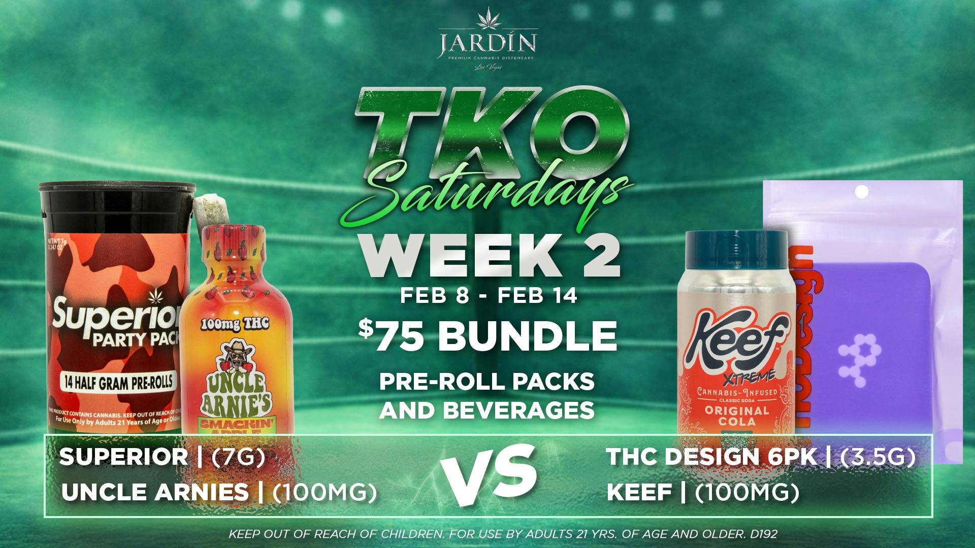 Jardín Premium Cannabis Dispensary TKO WEEK 2 BUNDLE - Prerolls Packs & Beverages