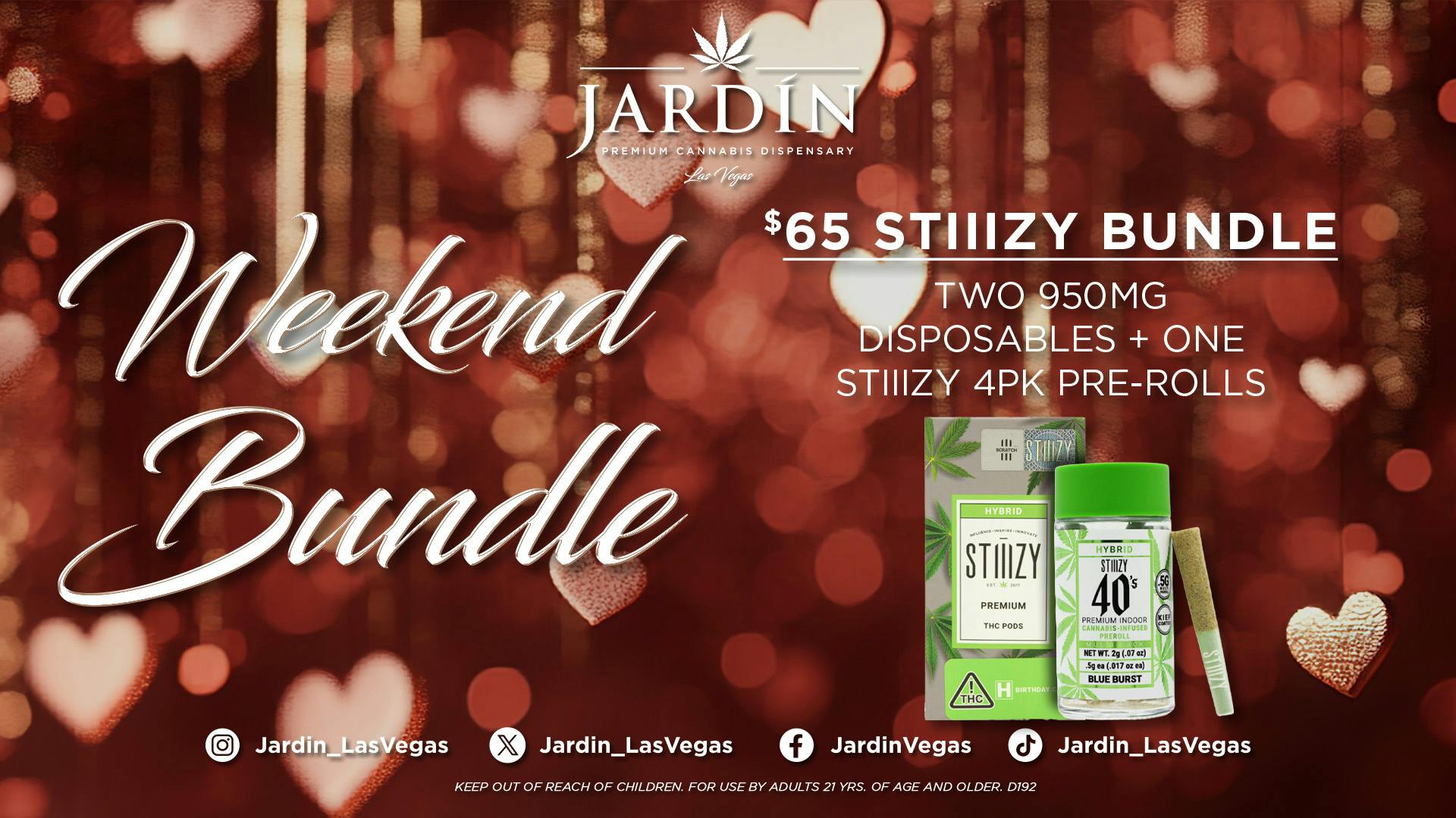 Jardin Premium Cannabis Delivery (No Delivery to Hotels & Casinos) - West LV $65 Stiiizy Bundle - 2 Disposables + 4pk Prerolls