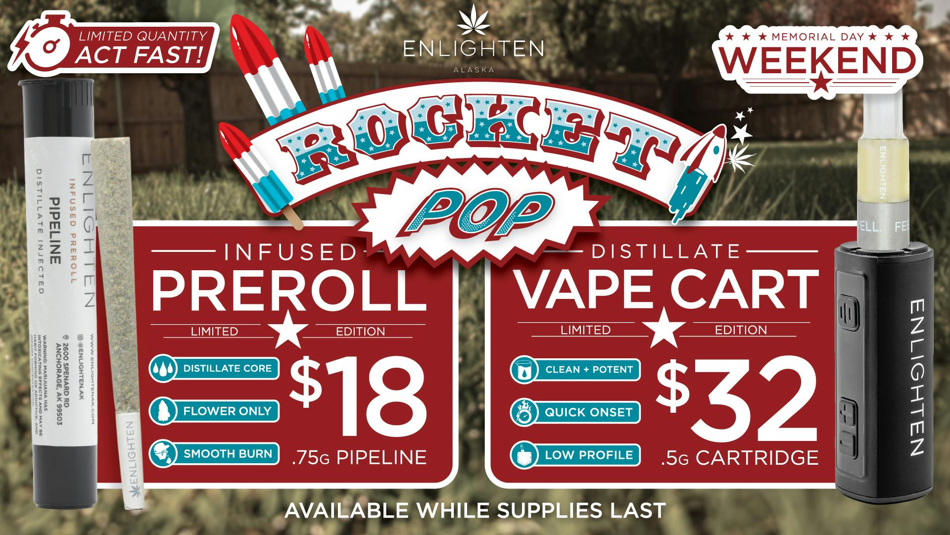 Enlighten - Spenard NEW: Rocket Pop Distillate Carts + Pipelines