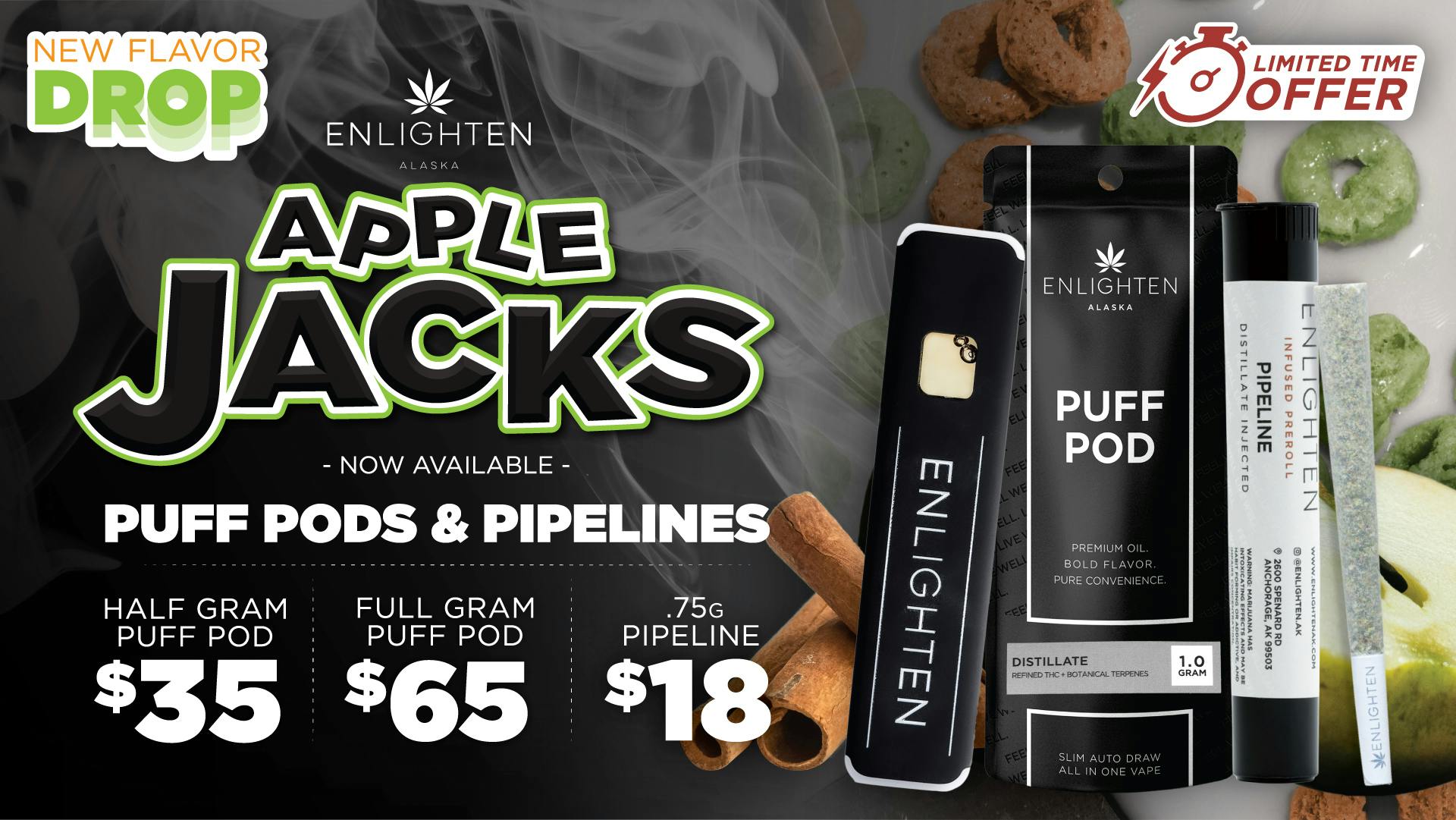 Enlighten - Old Seward NEW: Apple Jacks Distillate Puff Pods & Pipelines
