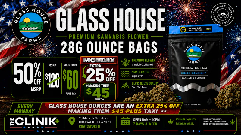 The Clinik Extra 25% Off Glass House Mondays! $45 Ounces!