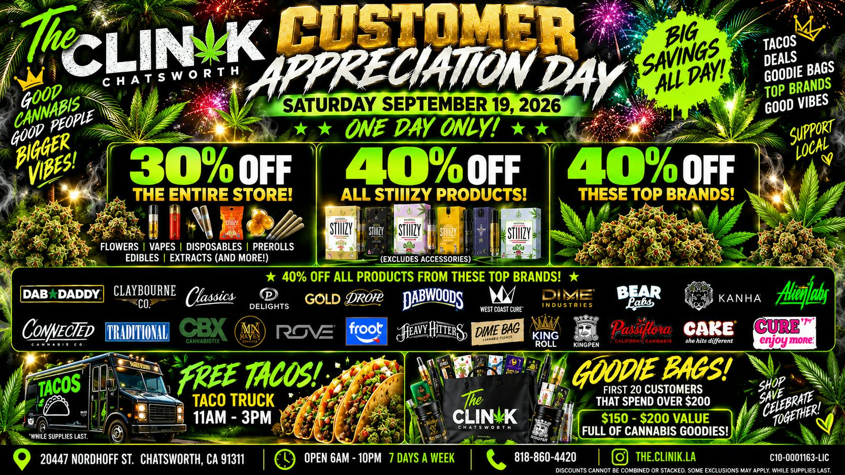 The Clinik 40-30% Off Storewide, Goodie Bags, FREE TACOS!!