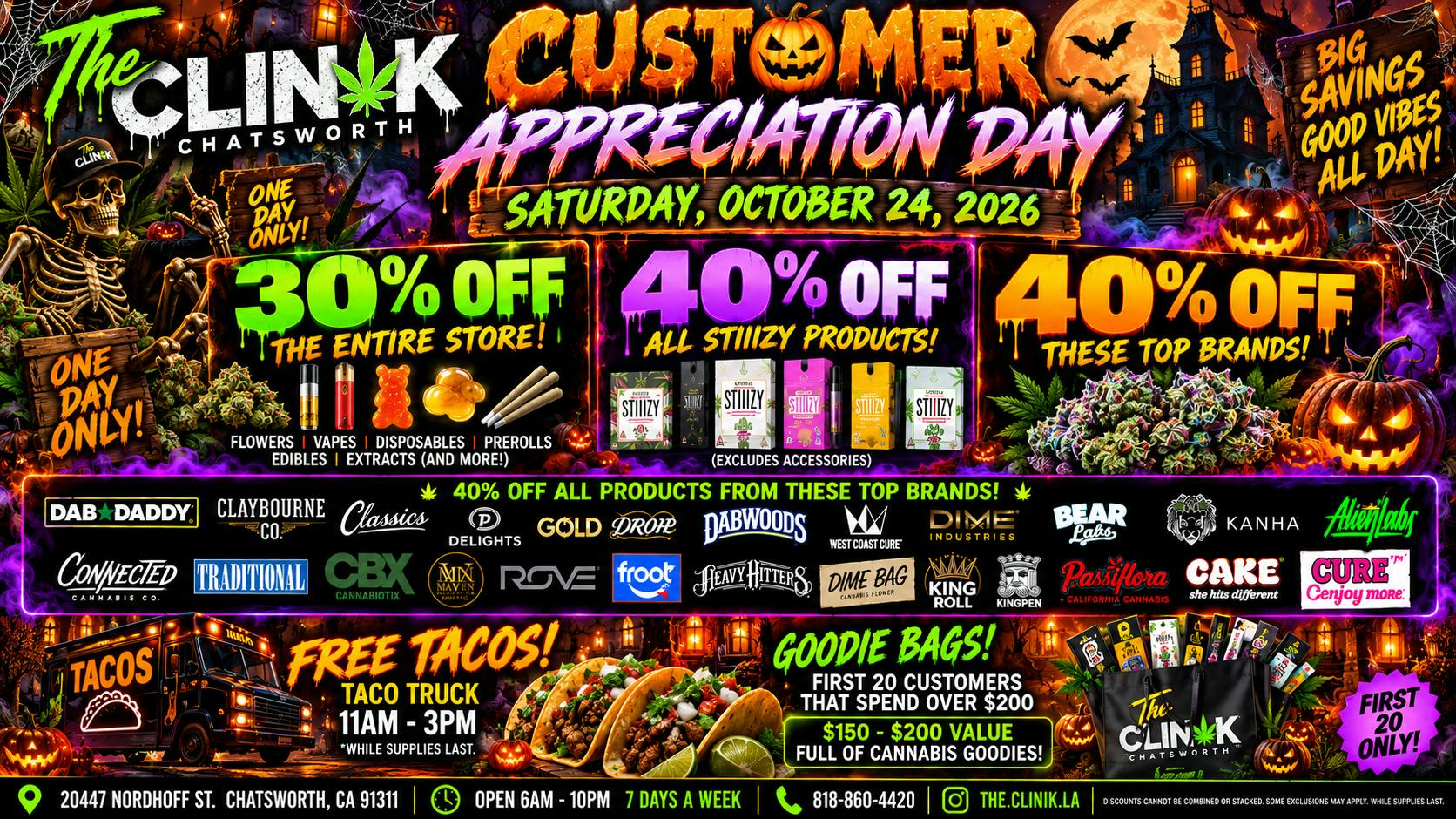 The Clinik 40-30% Off Storewide, Goodie Bags, FREE TACOS!!