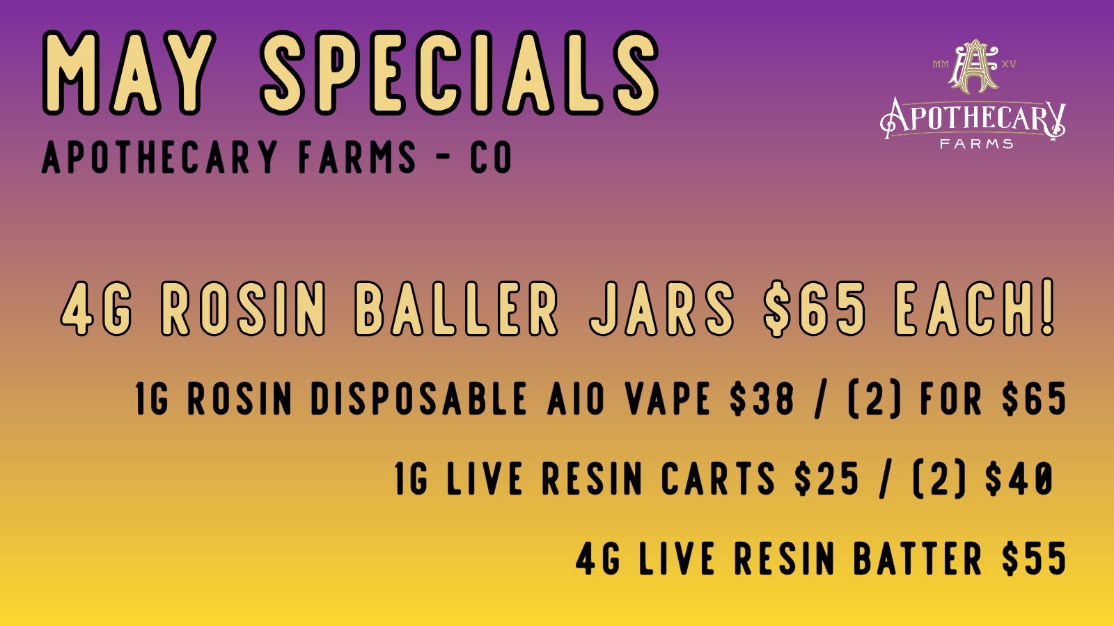 Apothecary Farms Denver MAY DAILY DEALS