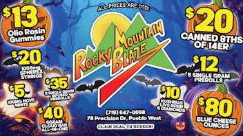 Rocky Mountain Blaze Recreational $80 OZs Blue Cheese, $5g Live, 5 for $12 PreRolls
