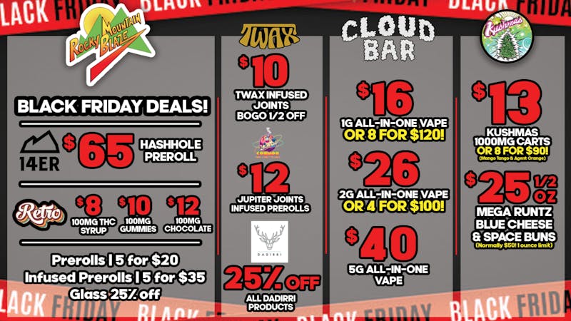 Rocky Mountain Blaze Recreational $25 Half OZs, 5 for $20 PreRolls, $16 Vapes & more