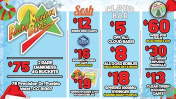 Rocky Mountain Blaze Recreational $60 Bud OZs, 5 for $30 Infused Joynts & $8 Edibles