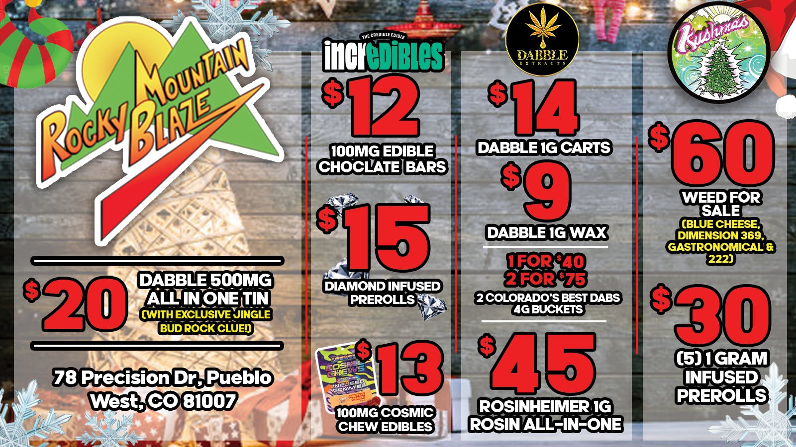 Rocky Mountain Blaze Recreational $60 OZs, $12 Chocolate, $9 Wax, $45 Rosin AIO Vape