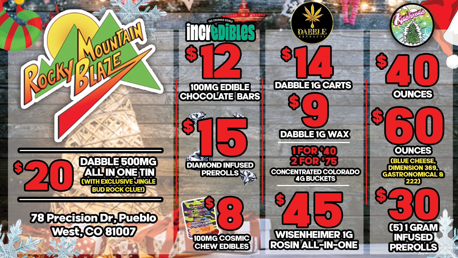 Rocky Mountain Blaze Recreational $60 OZs, $12 Chocolate, $9 Wax, $45 Rosin AIO Vape