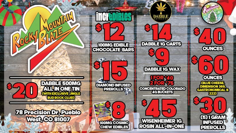 Rocky Mountain Blaze Recreational $60 OZs, $12 Chocolate, $9 Wax, $45 Rosin AIO Vape