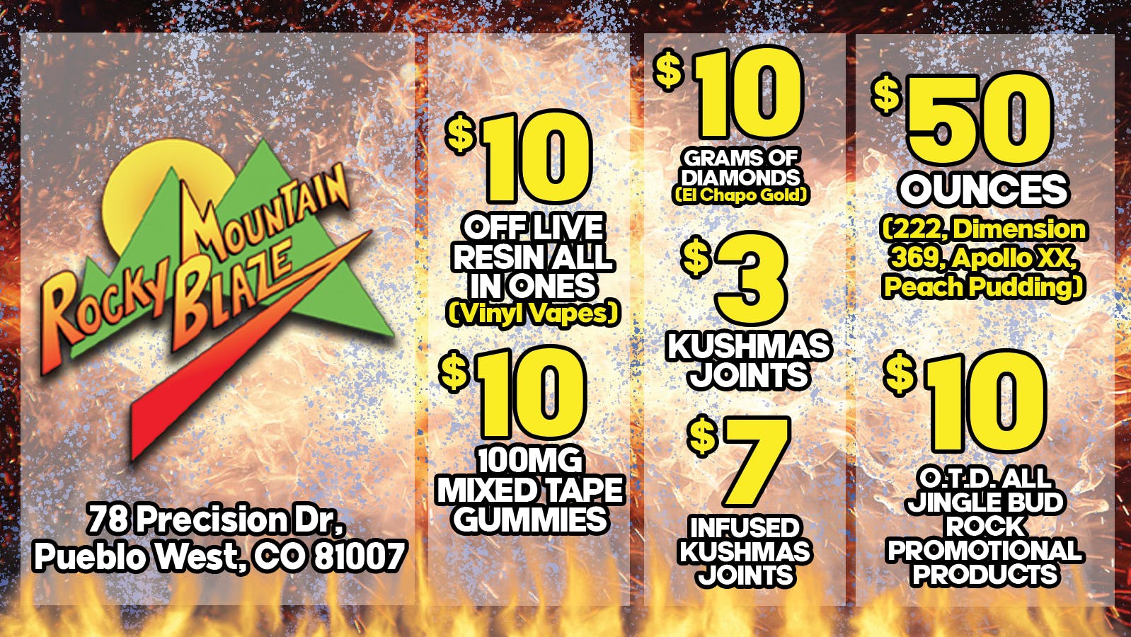 Rocky Mountain Blaze Recreational $50 select OZs, $3 PreRolls, $10g Diamonds & more