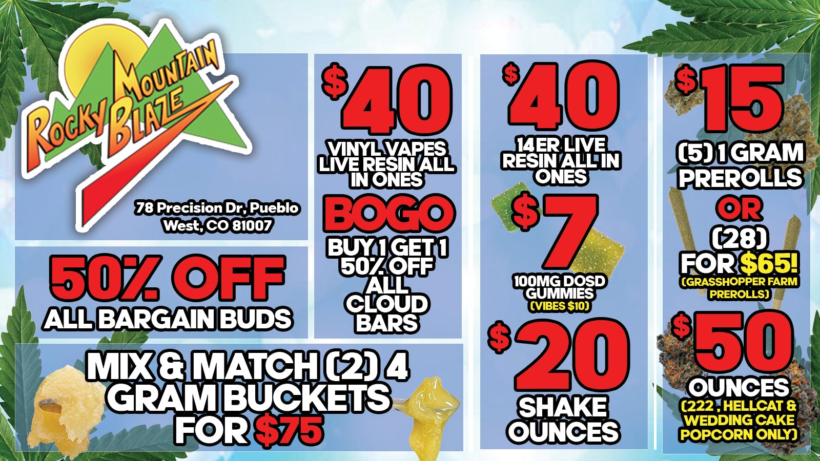 Rocky Mountain Blaze Recreational $50 Popcorn OZs, 5 for $15 PreRolls & $7 Gummies