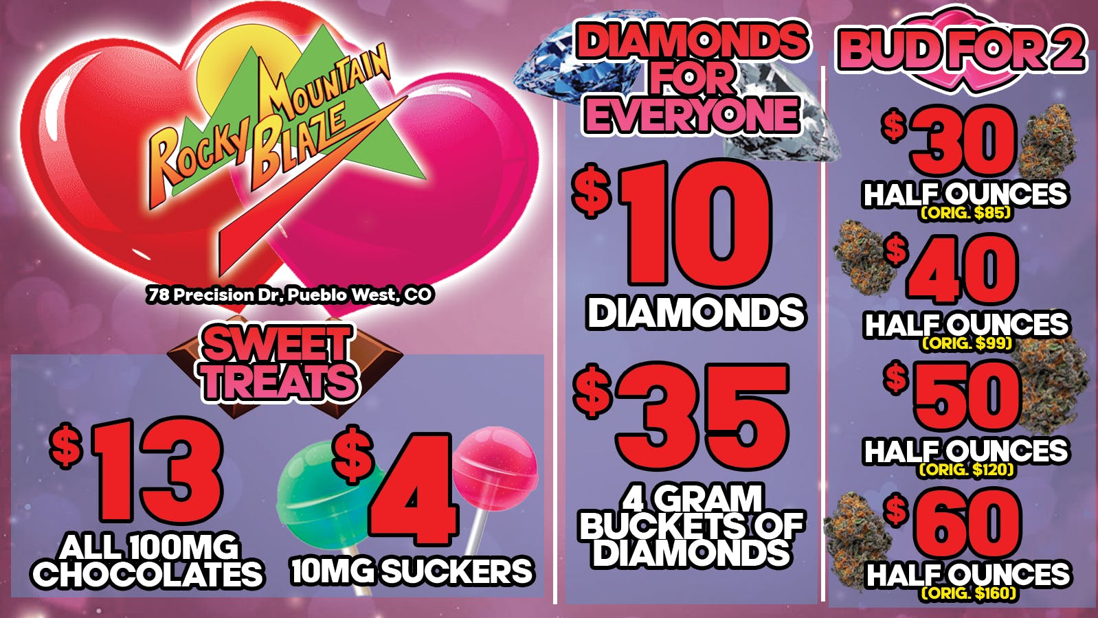 Rocky Mountain Blaze Recreational Diamonds $10g, Chocolates $13 & Half OZs on SALE