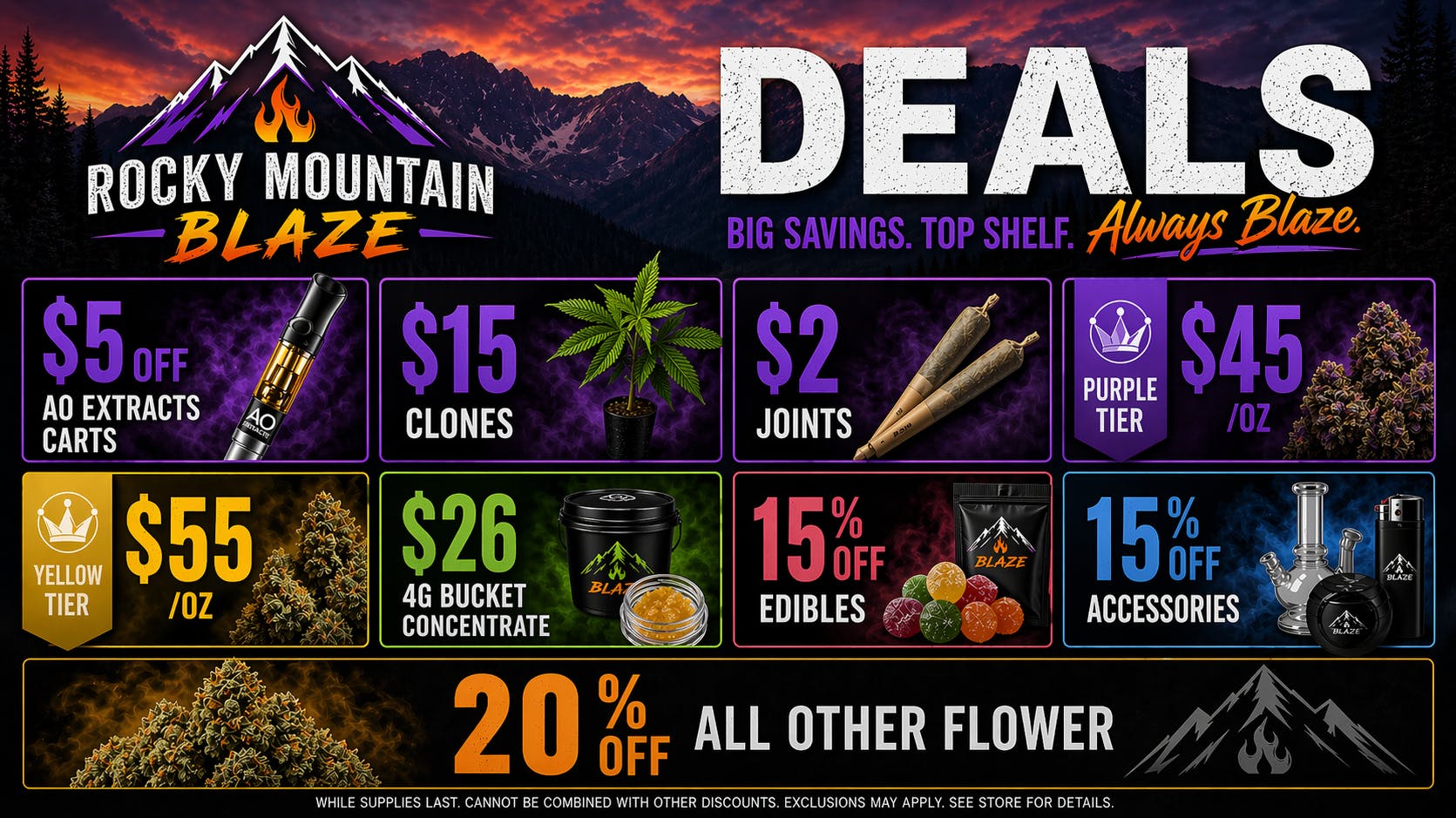 Rocky Mountain Blaze Recreational $45 select OZs, 20% OFF Flower, $2 Joints & more