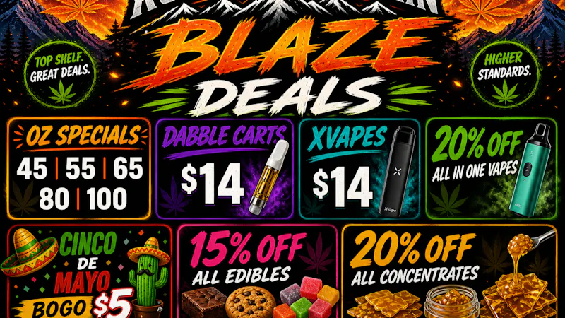 Rocky Mountain Blaze Recreational Cinco De Mayo BOGO, OZ Deals, 20%off Concentrates