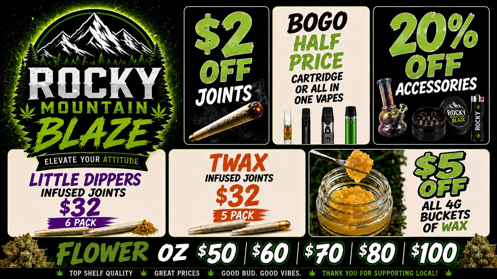 Rocky Mountain Blaze Recreational Bud OZs $50-$100, BOGO 50%off Vapes, Joint Pks $32