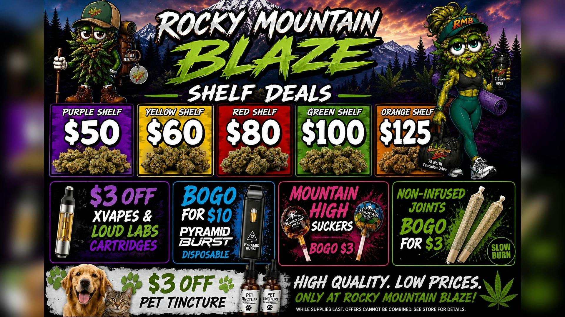 Rocky Mountain Blaze Recreational BUD on SALE! BOGO $10 Vapes, BOGO $3 Joints & more