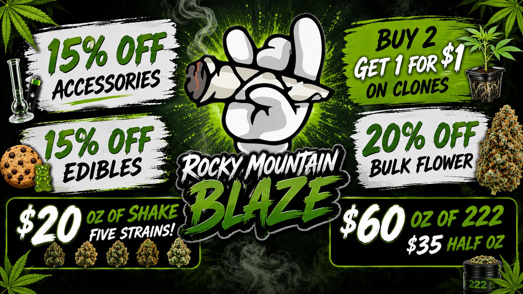 Rocky Mountain Blaze Recreational 20%off Flower, $20oz Shake & 15%off Edibles/Access