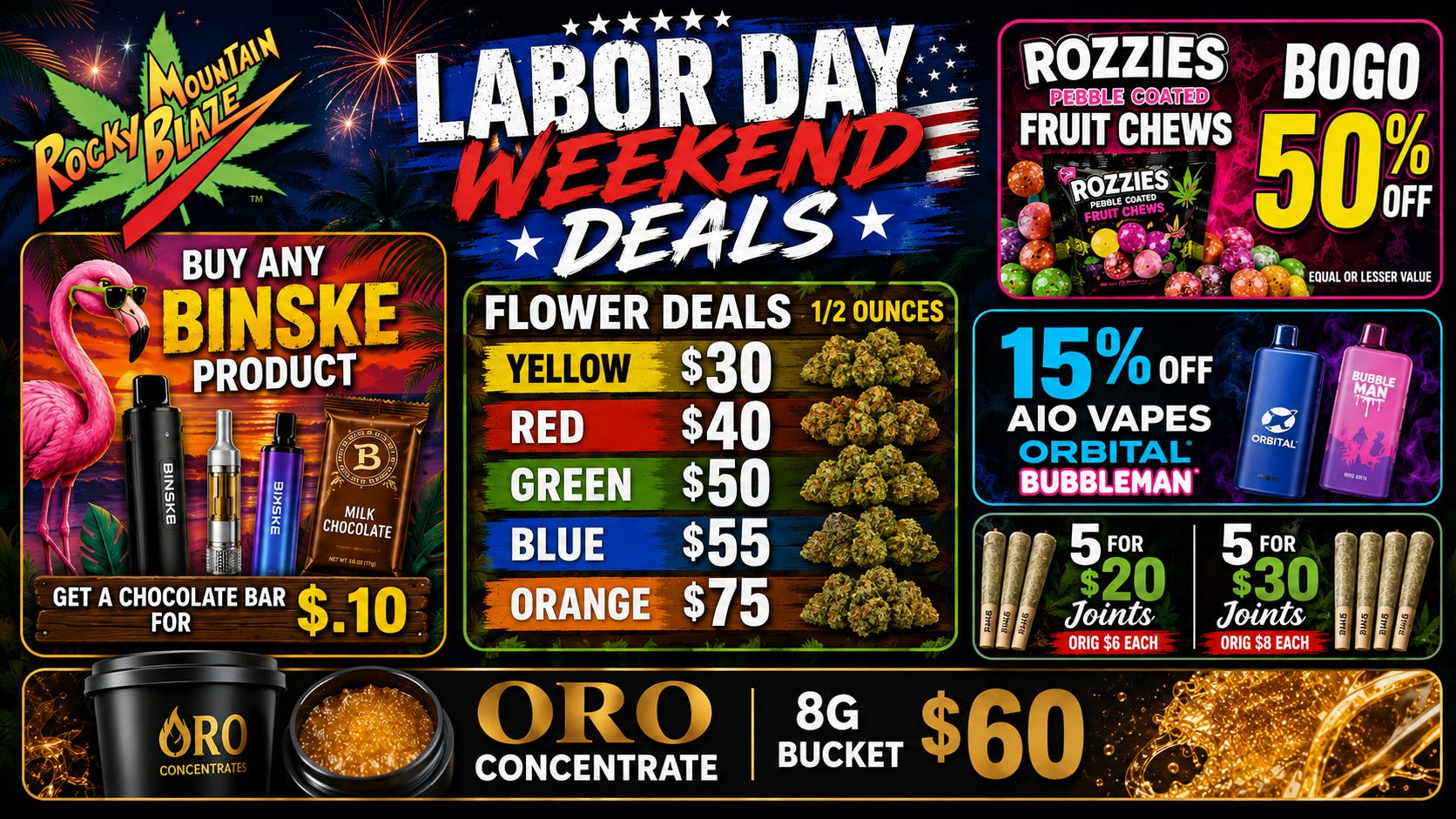Rocky Mountain Blaze Recreational Labor Day OZ Deals! Binske 20%off +$0.10 Chocolate