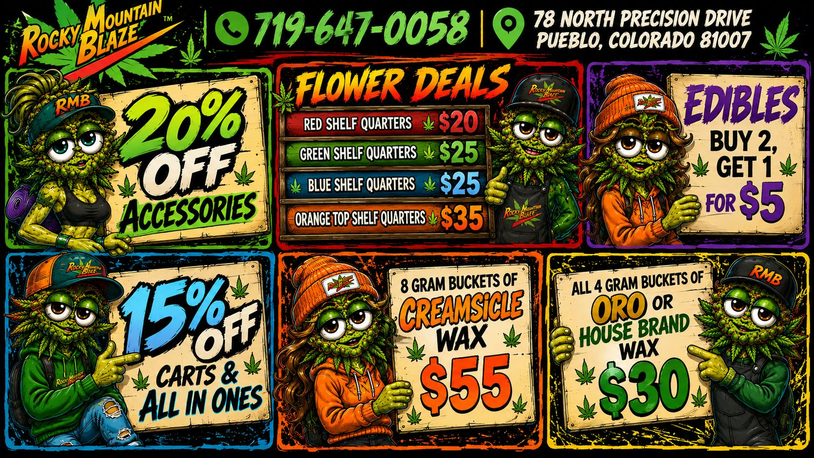 Rocky Mountain Blaze Recreational Quarter Bud Deals, 8g Wax $55, 15%OFF Carts & more