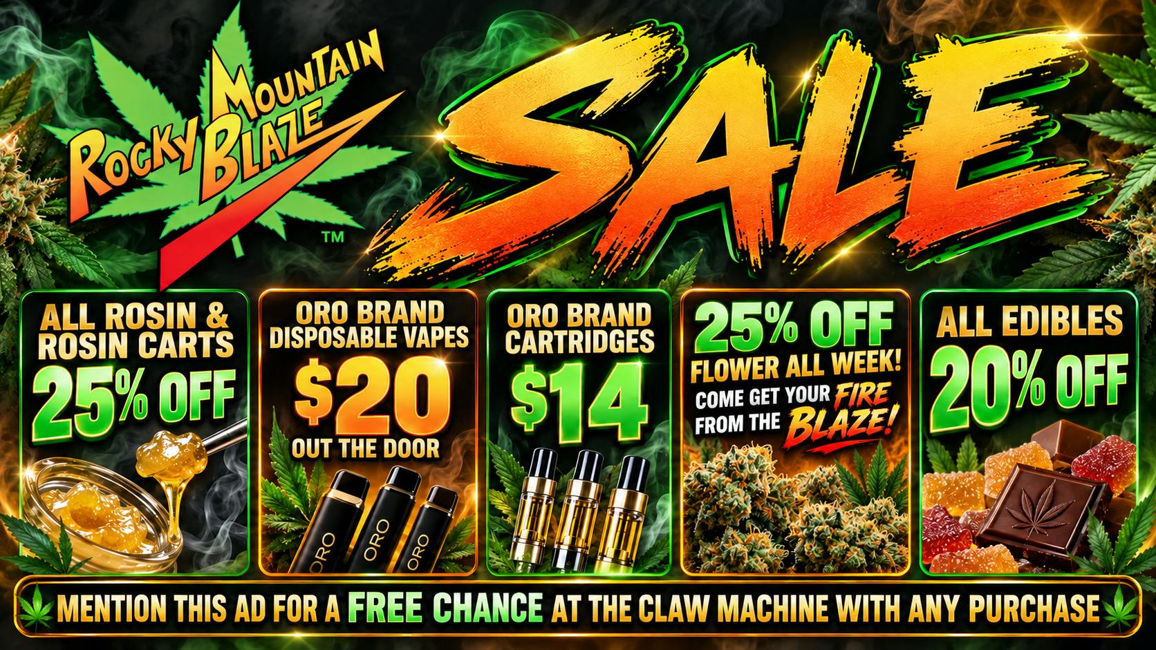 Rocky Mountain Blaze Recreational 25% OFF Flower, 20% OFF Edibles & 25% OFF Rosin!