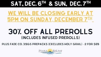 Peake ReLeaf 30% off Prerolls!