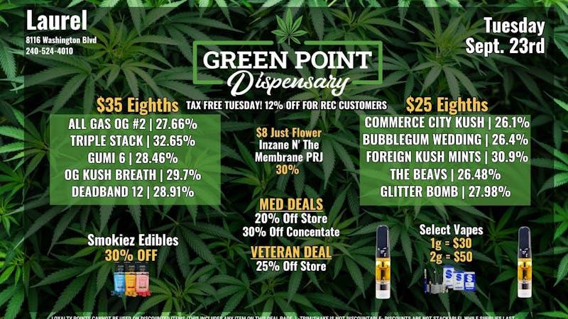 Green Point Wellness - Laurel $25 Eighths and More!!!