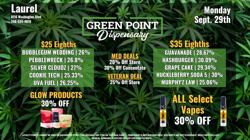 Green Point Wellness - Laurel Deals for Monday 9/29