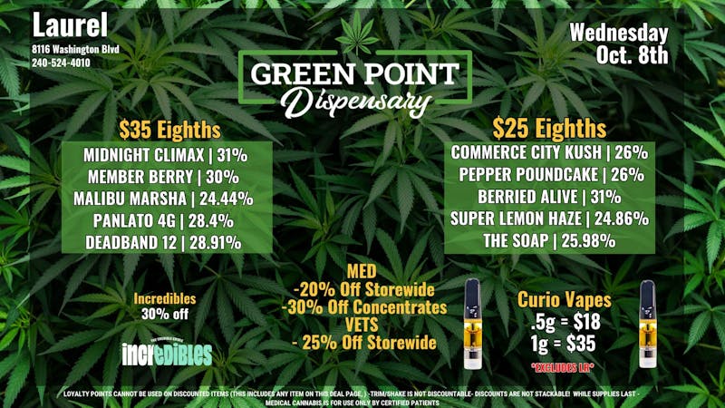 Green Point Wellness - Laurel $25 Eighths and More!!!