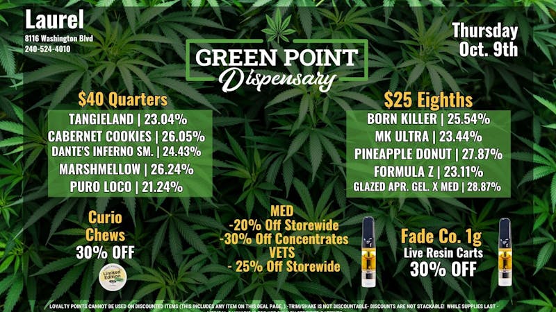 Green Point Wellness - Laurel $25 Eighths and More!!!