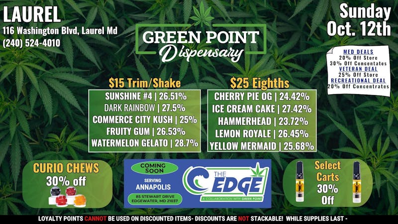 Green Point Wellness - Laurel $25 1/8ths + $15 Trim & Shake 1/8ths