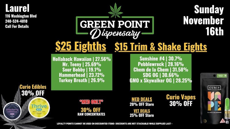 Green Point Wellness - Laurel $25 1/8ths + $15 Trim & Shake 1/8ths