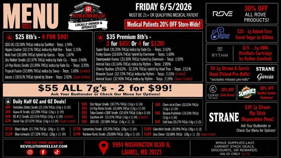 Revolution Releaf - Laurel $25 8ths, $35 Premium 8ths, $55 7gs & More!