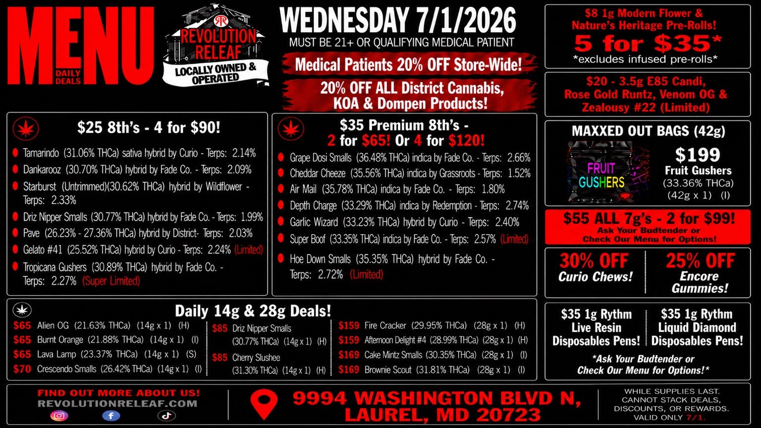 Revolution Releaf - Laurel $25 8ths, $35 Premium 8ths, $55 7gs & More!