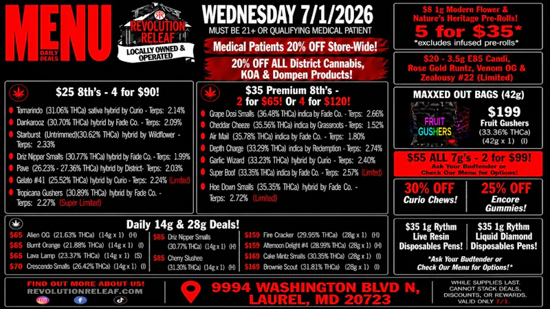 Revolution Releaf - Laurel $25 8ths, $35 Premium 8ths, $55 7gs & More!