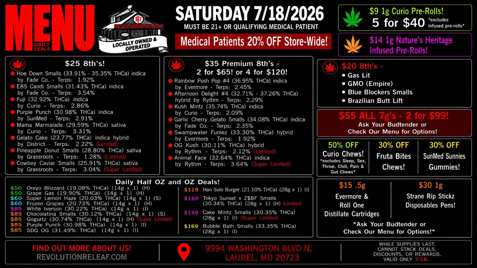 Revolution Releaf - Laurel $25 8ths, $35 Premium 8ths, $55 7gs & More!