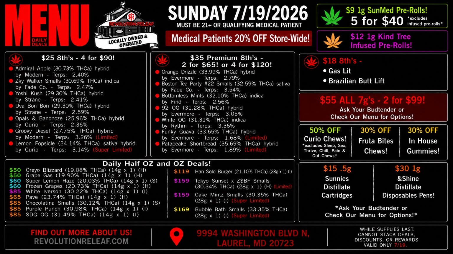 Revolution Releaf - Laurel $25 8ths, $35 Premium 8ths, $55 7gs & More!