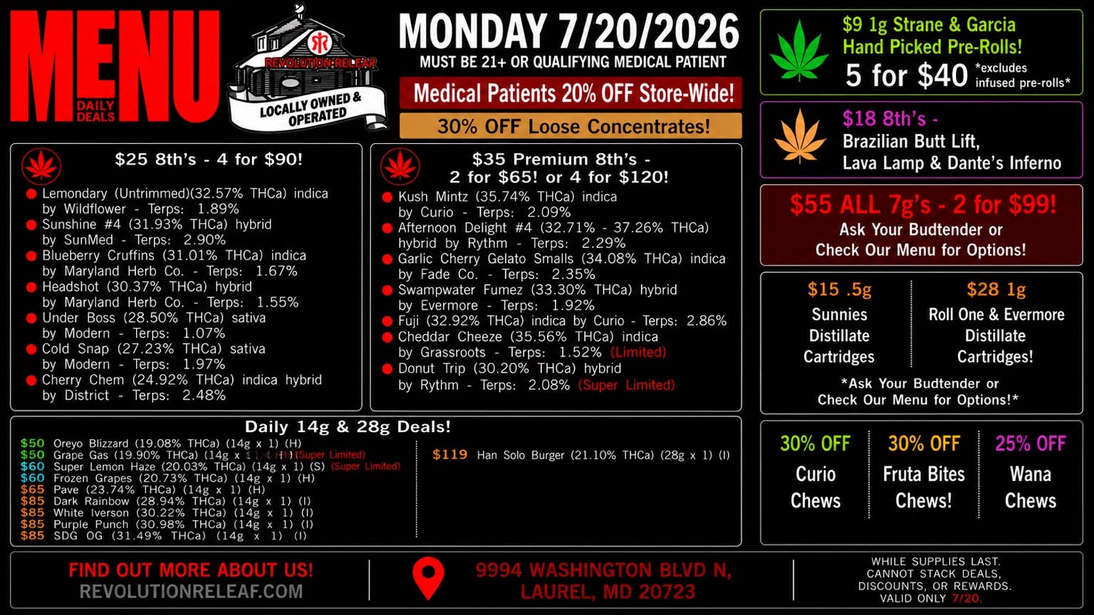 Revolution Releaf - Laurel $25 8ths, $35 Premium 8ths, $55 7gs & More!