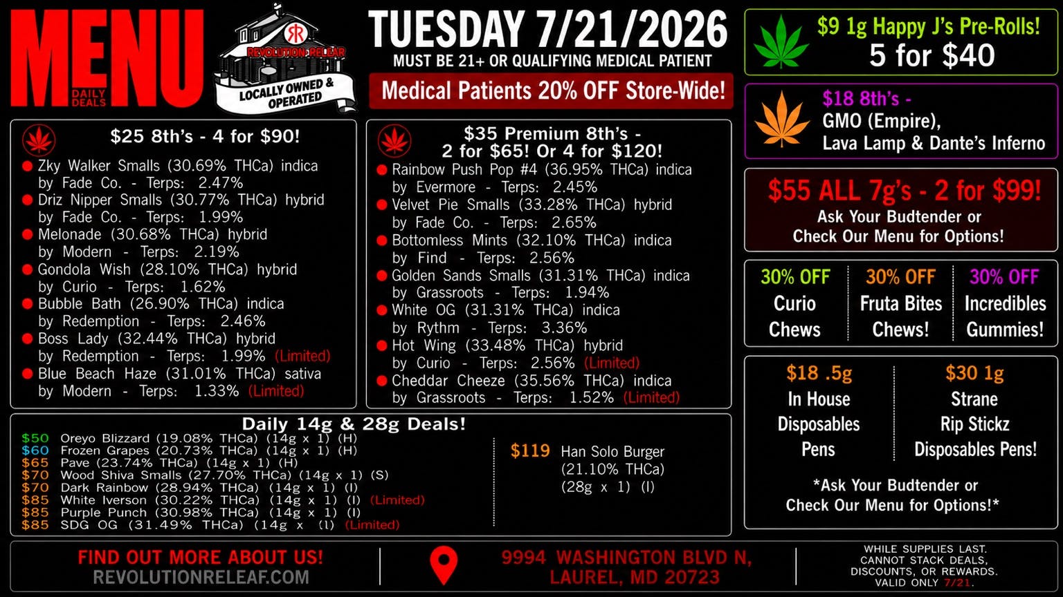 Revolution Releaf - Laurel $25 8ths, $35 Premium 8ths, $55 7gs & More!